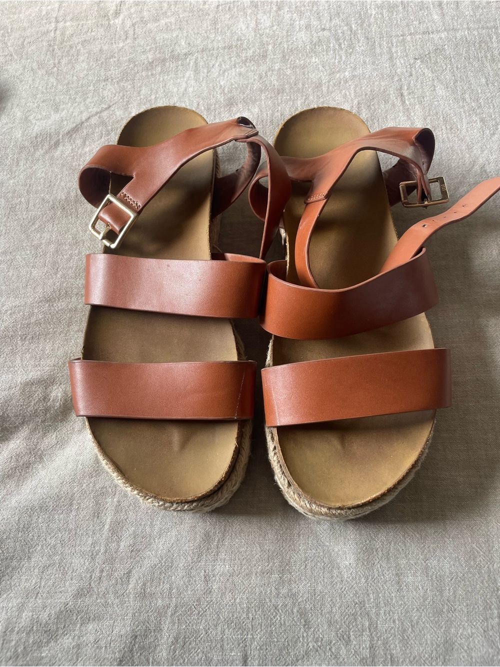 Women's Brown Leather Double-Strap Platform Sandals with Ankle Buckle
